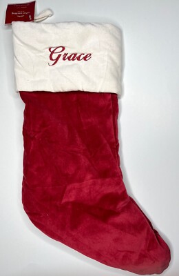 POTTERY BARN CLASSIC VELVET CHRISTMAS STOCKING *GRACE* RED IVORY NEW MEDIUM NWT-image