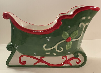 Christmas Large Sleigh Chip and Dip Ceramic Painted Green 10