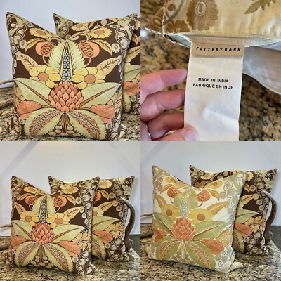 (2) Pottery Barn Reversible Floral Leaf Throw Accent Pillows Browns Inserts 20”-image