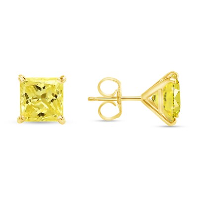3 Ct Princess Cut Canary Earrings Studs Solid 14K Yellow Gold Push Back Martini-image