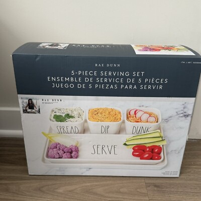 NewRae Dunn 5 Piece Stoneware Serving Set Spread Dip Dunk Serve Tray & Dip Bowls-image