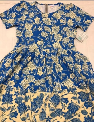 NEW LuLaRoe 2 print Large 14/16 12/14 Blue Yellow Dip Floral Leafs Pansy 🦄NWT-image