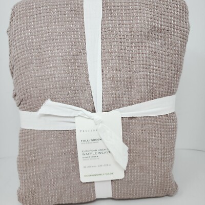 NWT Pottery Barn Belgian Flax Linen QUEEN Waffle Weave Duvet Cover Mocha-image
