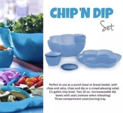 Tupperware CHIP 'N DIP SERVING SET Blue ~ Large 1.5 Gallon w/2 Dip Bowls ~ NEW!-image