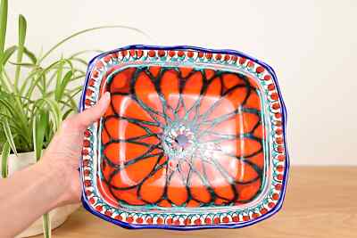 Vintage Studio Art Pottery Hanging Bowl Red Aqua Hand Painted Italy-image