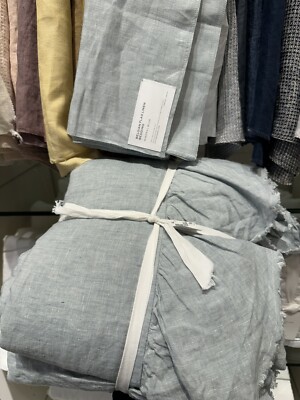 Pottery Barn ~BELGIAN FLAX LINEN FRINGE RUFFLE~ KING / CA Duvet ~MINERAL BLUE~-image