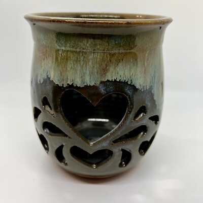 Potternot Pottery Green Brown Drip Glaze Large Votive Heart Shaped ~ Branson, MO-image