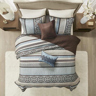 Madison Park Quilt Set Luxe Jacquard Stripes - King/Cal King Floral Blue 5 Piece-image