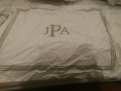 2 Pottery Barn Grand Embroidered white green  standard  shams mono JPA New -image