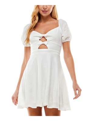 CITY STUDIO Womens White Cutout Bow Lined Tie Pouf Sleeve Short Dress S-image