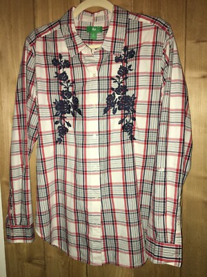 Dip Womens Red,White & Blue long Sleeve Plaid Shirt Embroidery Floral large New-image