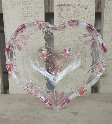 Vintage Mikasa Clear Pink Purple Glass Heart Shaped Bowl Roses Bows Flowers 7