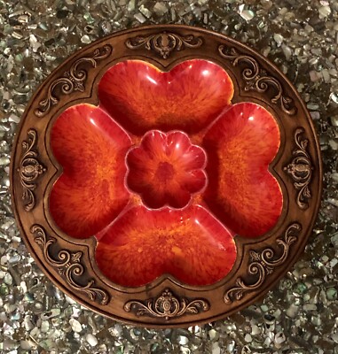 Treasure Craft RETRO Divided Red Orange Serving Tray Chip & Dip Dish Vtg MCM 14”-image