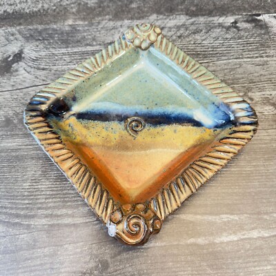 Studio Art Pottery Earthtone Southwest Spiral Square Dish Signed David Vintage-image