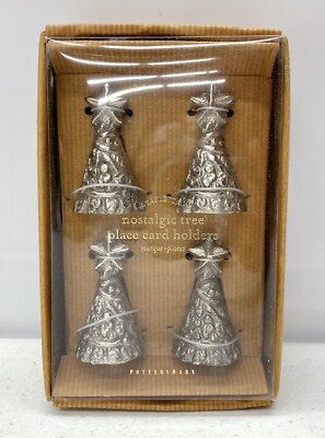 NEW Pottery Barn Silver Christmas Tree Place Card Holders & Name Cards~Set of 4-image