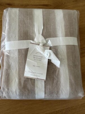 Pottery Barn Jamie Stripe Duvet Cover Flax TWIN Neutrals Beige Coastal Beach NEW-image
