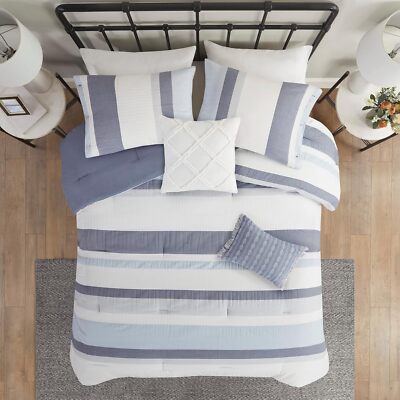 Madison Park Allegany Striped 5 Piece Jacquard Comforter Set, King/Cal King-Blue-image
