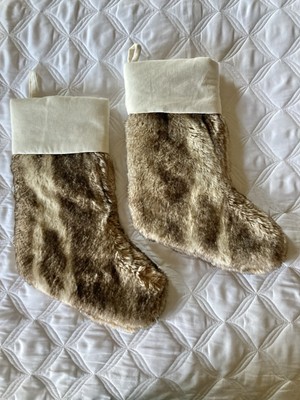 (2) Pottery Barn Faux Fur Stocking Ombre Ivory Velvet Cuff Christmas No Monogram-image