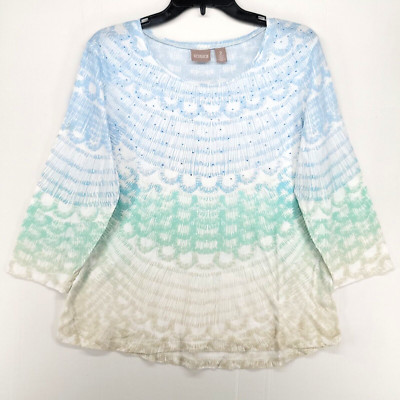 Chicos Top Womens 2 Large White Shirt Tie Dye Rhinestone Stretch Artsy Casual-image