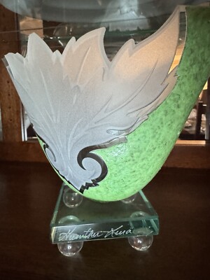 Signed Guenther Luna Studio Art Glass Pedestal Vase Gold Tint w/ Leaves-image