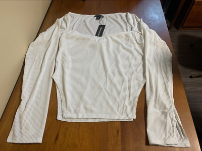 White Rib Sweetheart Neck Dip Hem Long Sleeve Top Size Large-image