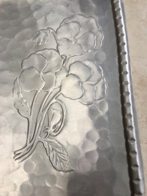 Embossed Pansies Craft Studios Vintage Hand Wrought Aluminum Tray w Handles RARE-image