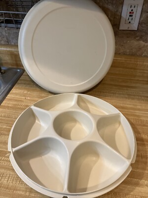 Vintage Almond Tupperware 1665 Veggie/ Fruit Dip Serving Tray With Lid 13.5”-image