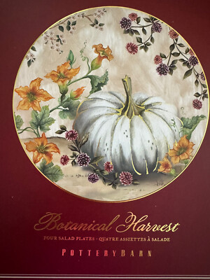 NIB Pottery Barn 4Pc ~ BOTANICAL HARVEST PUMPKIN ~ SALAD Plates ~THANKSGIVING~-image