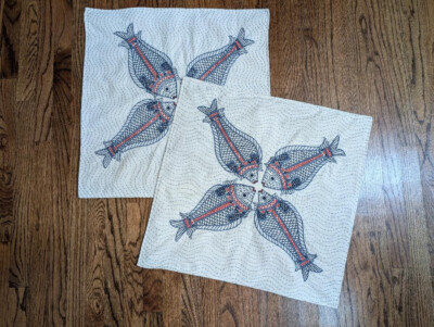 Set of 2 Pottery Barn Cotton & Linen Kissing Fish Design Pillow Shams 24