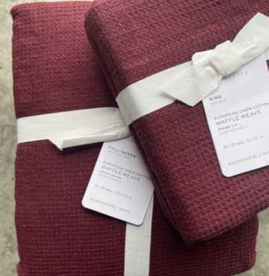Pottery Barn European Flax Linen Waffle Full/Queen Duvet Cover + 2 Shams Merlot-image