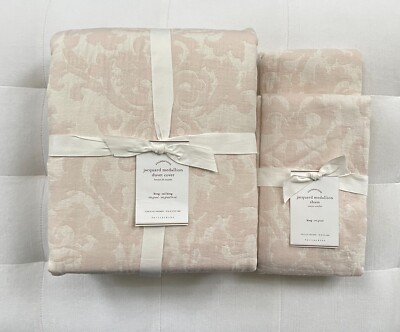 Pottery Barn JACQUARD MEDALLION Duvet King/Cal King & 2 King Shams Soft Rose NWT-image