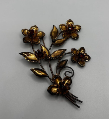 Vintage Sterling Silver Gold Dipped Floral Brooch Pin with Red Gems Large-image