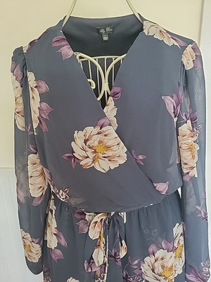 Lily Rose Floral Large Peonies- Long Sheer Sleeve Dip Hem Dress w/Belt-Size L-image