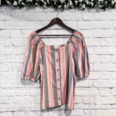 Dip Size Large Linen Blend Blouse Square Neck Button Striped Beach Short Sleeve-image