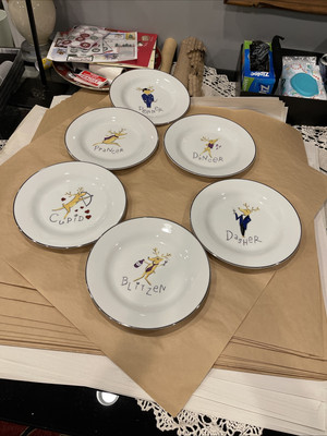 Pottery Barn Santa's Reindeer Christmas Holiday Salad Plate Vixen Cupid set 7pc-image