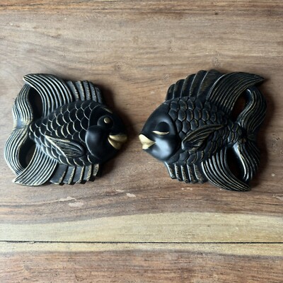 Vintage Millers Studio Black Gold Chalk Ware Fish Wall Plaques Set Of 2-image
