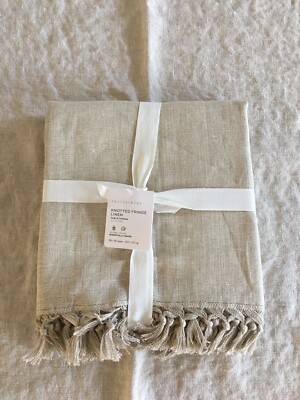 Pottery Barn Linen Knotted Fringe Table Throw 50 x50 Flax-image