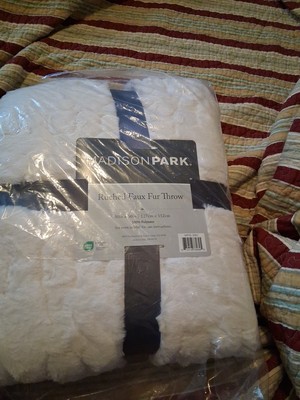 Madison Park IVORY WHITE Ultra Soft Ruched Faux Fur Throw Blanket 50 x 60 in-image