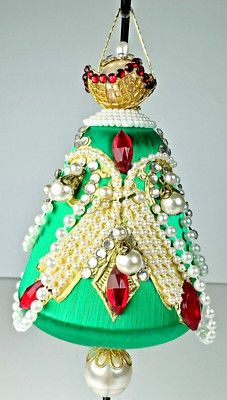 Stunning Vintage June Zimonick Studio Kit Ornament Jeweled Sparkle Green Bell-image