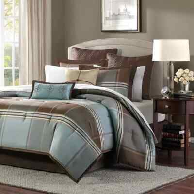 King Size Comforter Set Bedding Modern Farmhouse Rustic Country Blue Brown 8 Pc-image