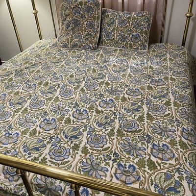 Pottery Barn Mia Floral Reversible Blue Green King Size Duvet Cover + Shams READ-image