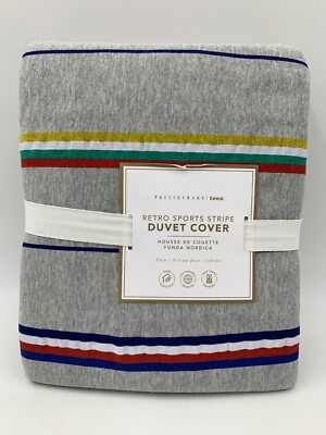 Pottery Barn Teen Kids Retro Sport Stripe Jersey Duvet Cover Gray Twin #117D-image