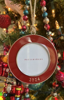 Pottery Barn Dated 2024 Red Enamel Round Frame Christmas Ornament NWT-image