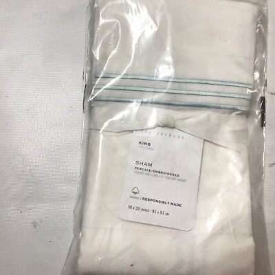 Pottery Barn Grand Percale Embroidered White/Green Blue KING Sham 36x20” New-image