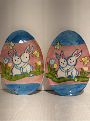 Studio 33 Ceramic Decorative Easter Egg Shaped Plate with Bunnies, 9 1/4