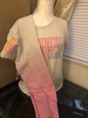 NWT Victoria's Secret Pink Neon Pink Dip Tie Dye Campus Pants Tee Shirt Set L ❤️-image