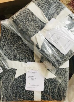 Pottery Barn Paisley Jacquard Duvet Cover Set Blue King 2 King Shams 3p New🦩-image