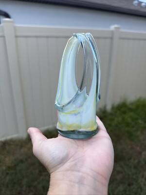 Hand Blown Glass Sculpture Basket Shaped Swirl Glass Art Clear Yellow White (B2)-image