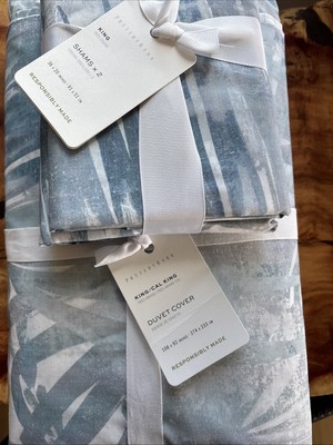 3 Pcs Set New~Pottery Barn~Layla Palm  Duvet Cover~King Blue & 2 Kings Shams-image