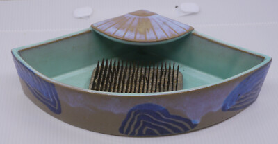 STUDIO ART POTTERY IKEBANA FAN SHAPED VASE w METAL FROG, SIGNED-image